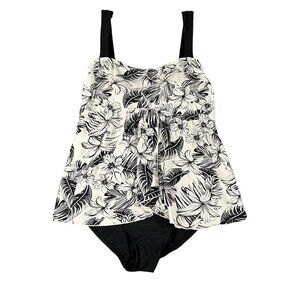 Island Pearls Womens 14 One Piece Tankini Swimsuit Flowy Black White Nylon Blend